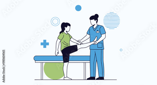 Physical therapist helps patient with leg exercise on examination table, rehabilitation concept