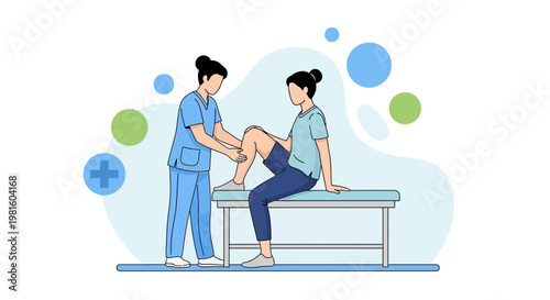 Physical therapist examining patient's knee during rehabilitation session on examination table