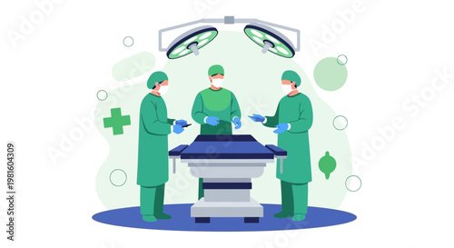 Surgeons in operating room performing surgery with medical equipment and lights