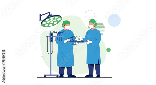 Surgeons in operating room with surgical instruments under bright light