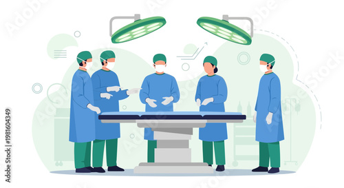Surgeons in operating room with surgical table and lights, medical team preparing for surgery