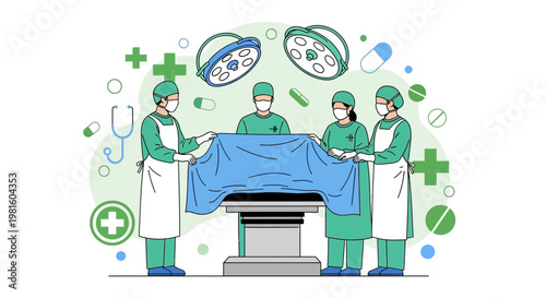 Surgeons in operation room with medical equipment, surgery, healthcare, medicine concept