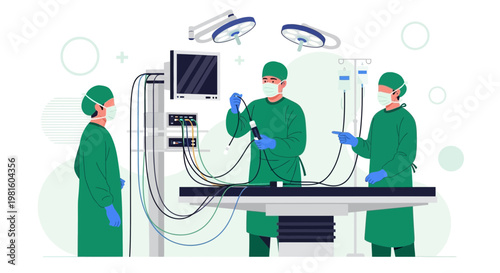 Surgeons in sterile green scrubs and masks performing minimally invasive surgery with robotic instruments