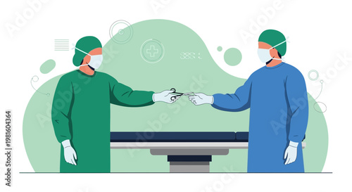 Surgeons in sterile gowns and masks passing surgical instrument during operation