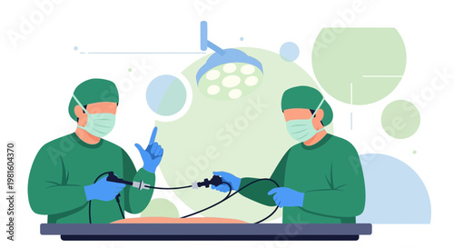Surgeons Performing Laparoscopic Surgery with Instruments Under Surgical Light