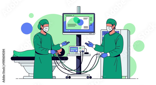 Surgeons performing minimally invasive surgery with advanced medical technology in operating room