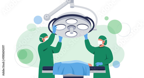 Surgeons preparing for operation under surgical lamp, medical team in operating room