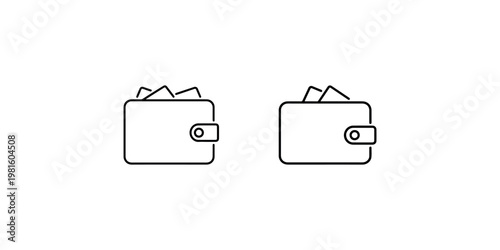 Two line art icons of wallets with money peeking out. financial management and personal savings concept. payment methods