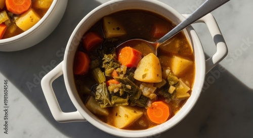 Hearty beef and vegetable stew in a white bowl comfort food