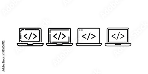 Set of four black outline vector icons of laptop computers displaying code symbols, isolated on a white background