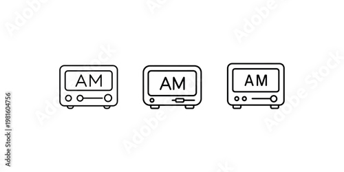 Vintage digital alarm clock icons set showing am time format on display screen with retro radio buttons and tuning sliders for classic bedroom morning