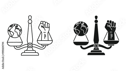 Justice balance globe fists activism illustration