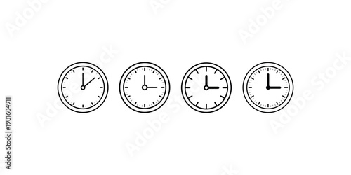 Analog clock face icons showing three o'clock position in outline style for time management scheduling productivity and appointment reminder design concept