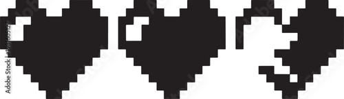 Three pixelated heart icons black and white representing health or life status progress representation partially illustration