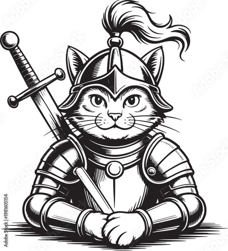 Cat knight illustration wearing armor and helmet holding a sword fantasy with medieval illustration character historical domestic stylized