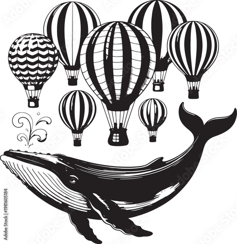 Whimsical montage of hot air balloons floating above a breaching whale silhouette with black and white sea creature silhouette illustration