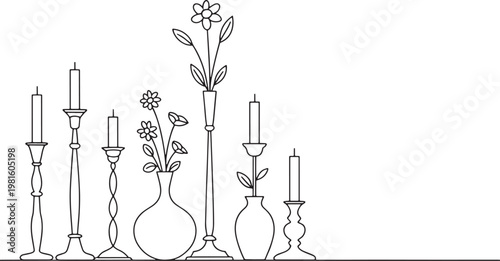 Simple line art drawing of decorative candle holders and vases with flowers on a white background candle holder flower arrangement illustration