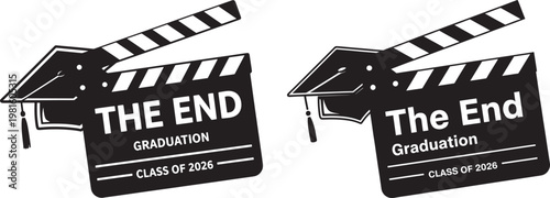 Vector illustration of clapperboards with graduation caps and text 'the end' and 'class of 2026' black and white graduation clapperboard education