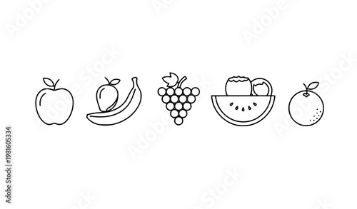 Minimal fruit silhouette icon set apple banana mango watermelon coconut vector modern food outline design