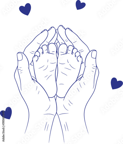 Vector illustration of hands cradling tiny baby feet surrounded by small dark blue hearts line drawing parenting parenthood illustration
