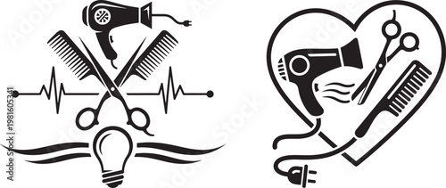 Vector illustration of hairdressing tools like scissors combs hairdryers with a heartbeat line and a lightbulb also a heart shape, hair salon