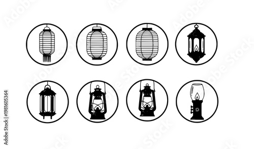 Lantern icons in circle frames traditional and modern lighting vector silhouette set decorative light design collection