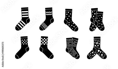 Patterned socks silhouette icon set striped zigzag geometric sock vector black and white fashion design collection