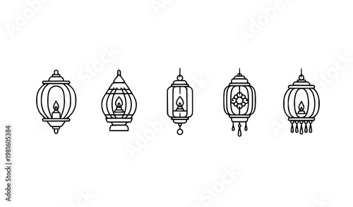 Minimal lantern silhouette icon set traditional modern lighting vector decorative line art design collection