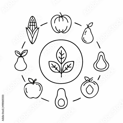 Vegan food and plant icons.