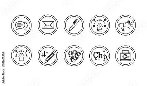 Communication and design icons in circle frames vector set chat media tools outline black modern illustration