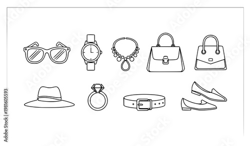 Minimal fashion accessories line icon set jewelry sunglasses watch shoes vector modern elegant silhouette design