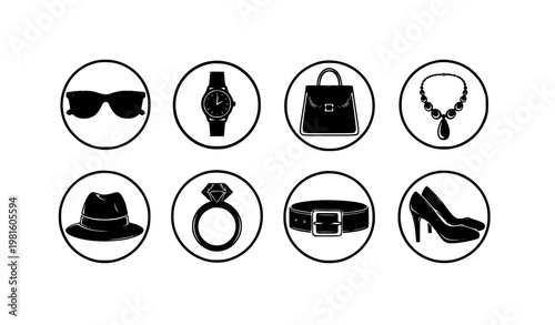 Fashion accessories icons in circle frames jewelry and style items silhouette vector set modern luxury design
