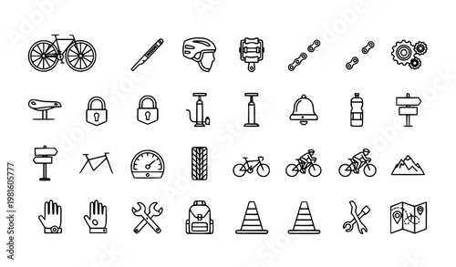 25 bicycle cycling line icons set bike parts accessories and symbols outline vector collection minimal sport design