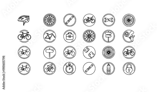 Cycling icons in circle frames 25 bike parts and accessories line art vector set sport bicycle symbols collection
