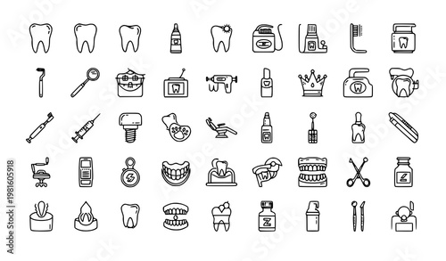 35 dental care line art icon set dentistry tools treatments oral hygiene vector collection black and white outline