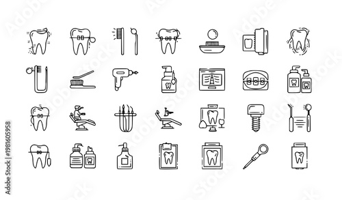 Minimal dental care icon set 35 line art dentistry tools treatments oral hygiene vector UI design collection