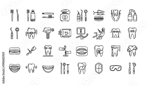 Dental dentistry line icon collection 35 grouped oral care tools treatments and equipment vector black outline set