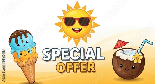 Summer special offer banner with cute cartoon sun, ice cream cone and coconut cocktail, tropical seasonal sale promotion background