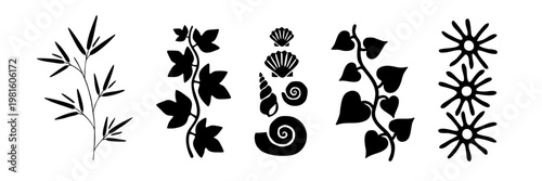 Black nature silhouettes set with bamboo ivy leaves and seashells illustrations