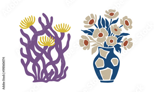 Artistic abstract floral vase and marine coral life illustration