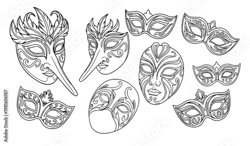 Decorative masquerade masks outline vector Venetian carnival face covers black and white scattered set for coloring crafts