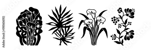 Elegant black floral silhouettes and tropical palm leaf botanical set