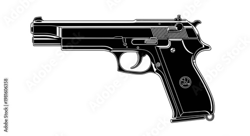 Black semi-automatic pistol illustration, firearm weapon, isolated on white background
