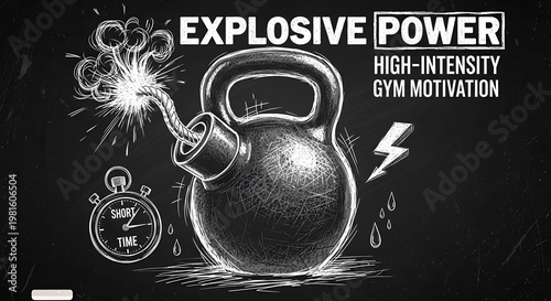 Black and white illustration of kettlebell with explosive power gym motivation