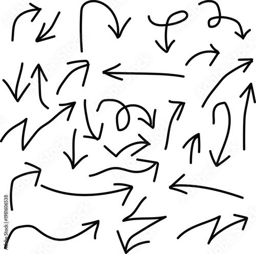 A chaotic collection of hand drawn black arrows and swirls presented on transparent background