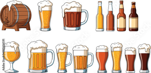 Beer Glasses Bottles and Wooden Barrel Vector Set Hand Drawn Alcohol Drink Collection Lager Ale Mug Pint Illustration Isolated on Transparent Background