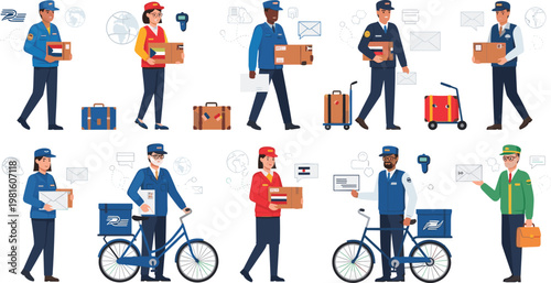 Diverse Postal Workers Set with Delivery Bags, Bicycles, and Packages for Shipping, Logistics, and Delivery Service Themed Designs, Vector Illustration