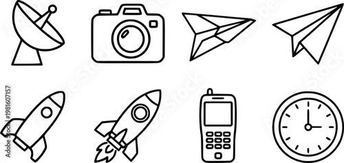Set of simple line including satellite dish camera paper airplanes rockets phone and clock