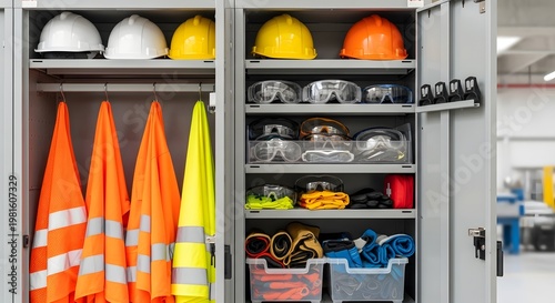 Workers store safety equipment in an industrial storage cabinet