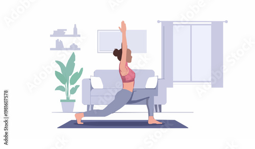 Active woman yoga low lunge pose vector in living room with home decor fitness and wellness illustration